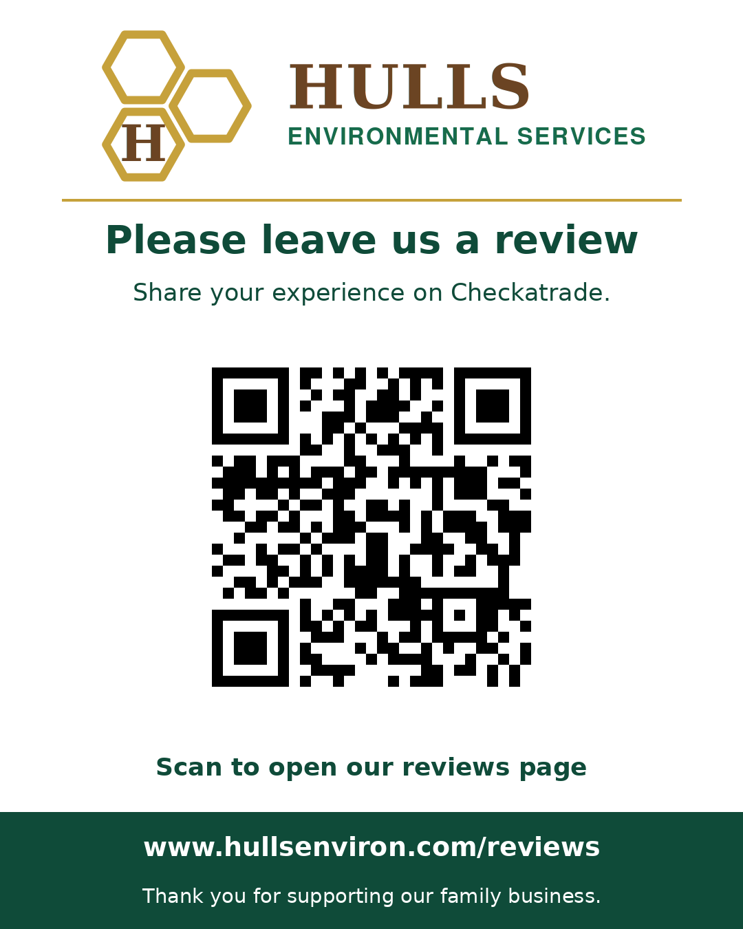 Hulls Environmental review card with a QR code linking to www.hullsenviron.com/reviews