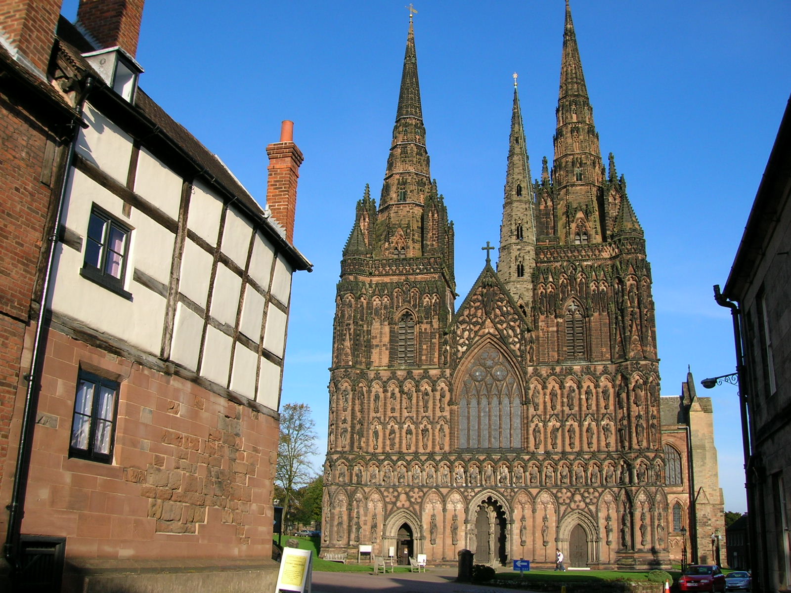 The three spires and west front of Lichfield Cathedral
