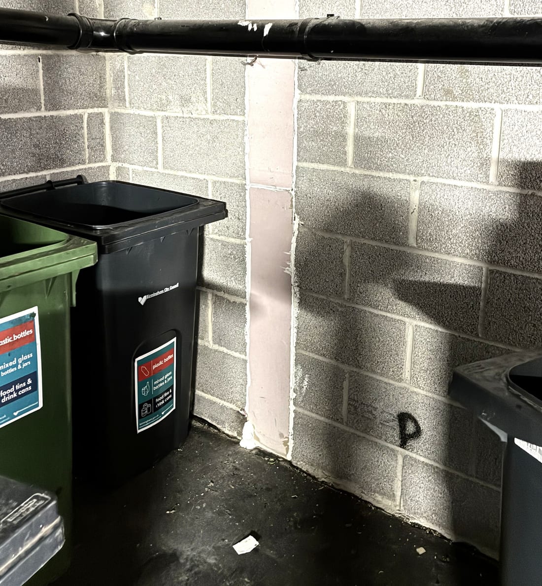 Communal bin area inspected during a mouse investigation at a Birmingham apartment block
